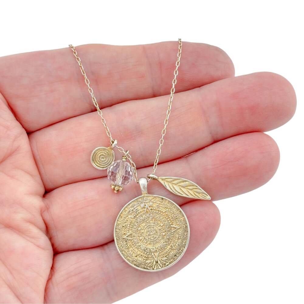 Vintage Sterling Silver Gold-Tone Medallion and Glass Charm Necklace 19 inches